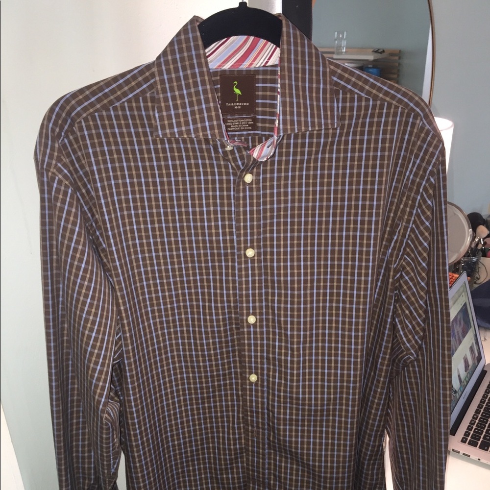 Tailorbyrd Brown Blue Plaid Button Down Shirt